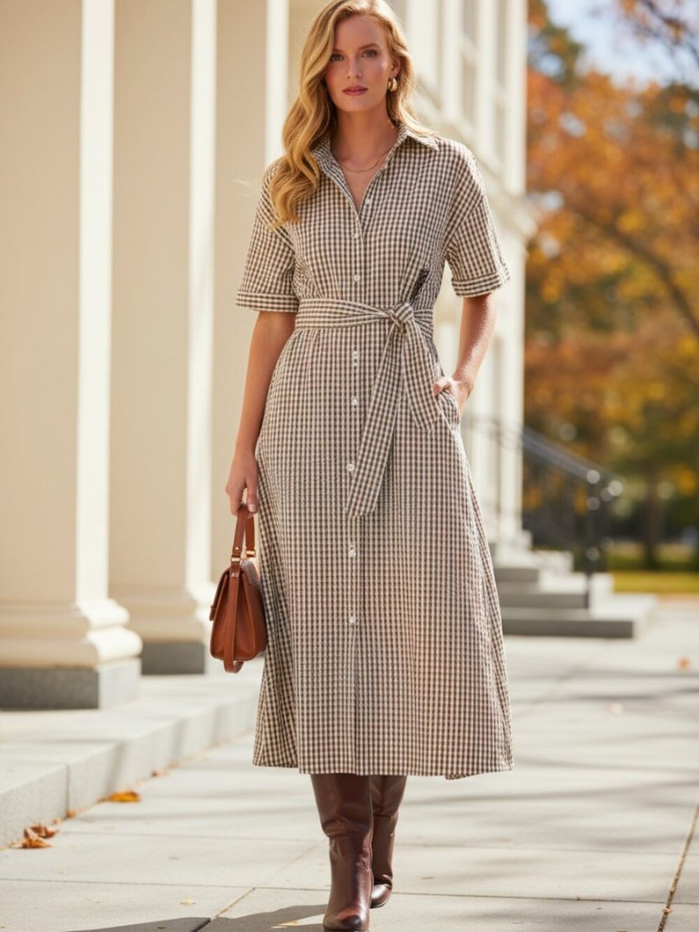 Pomander Place Zacara Brown Gingham Seersucker Maxi Dress L NWT